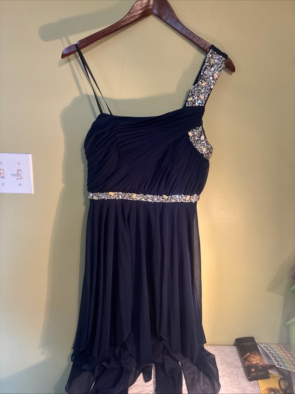 Deb One-Shoulder Navy Chiffon Dress with Crystal Accents